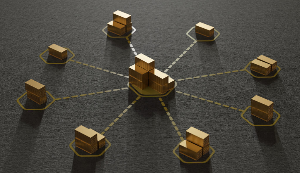 Concept de logistique, supply chain franchise avec des conteneurs reliés à des conteneurs centraux