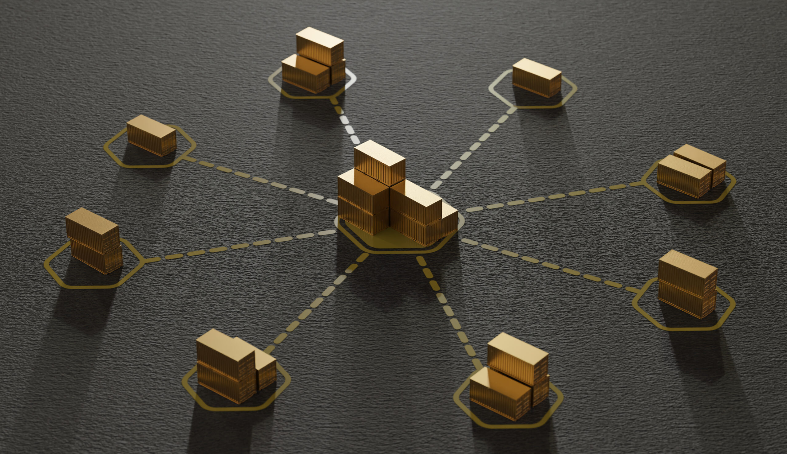 Concept de logistique, supply chain franchise avec des conteneurs reliés à des conteneurs centraux