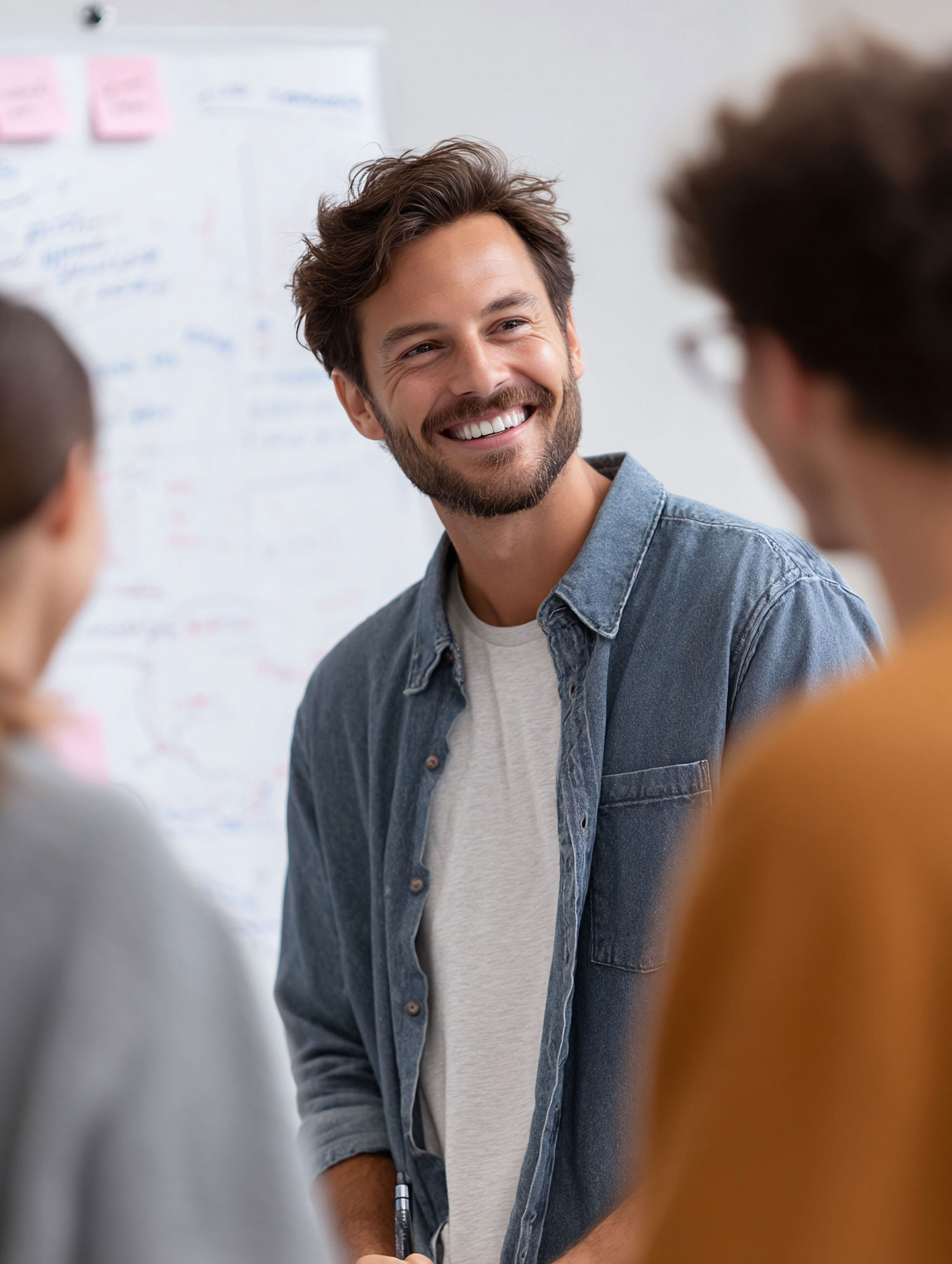 Un jeune homme fait une présentation devant un tableau à d'autres professionnels.