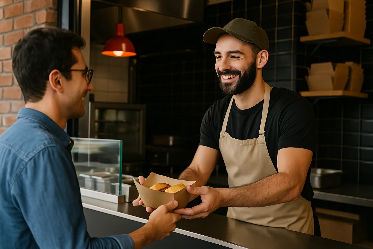 Un homme avec une casquette et un tablier sert une barquette avec de la street food à un client.