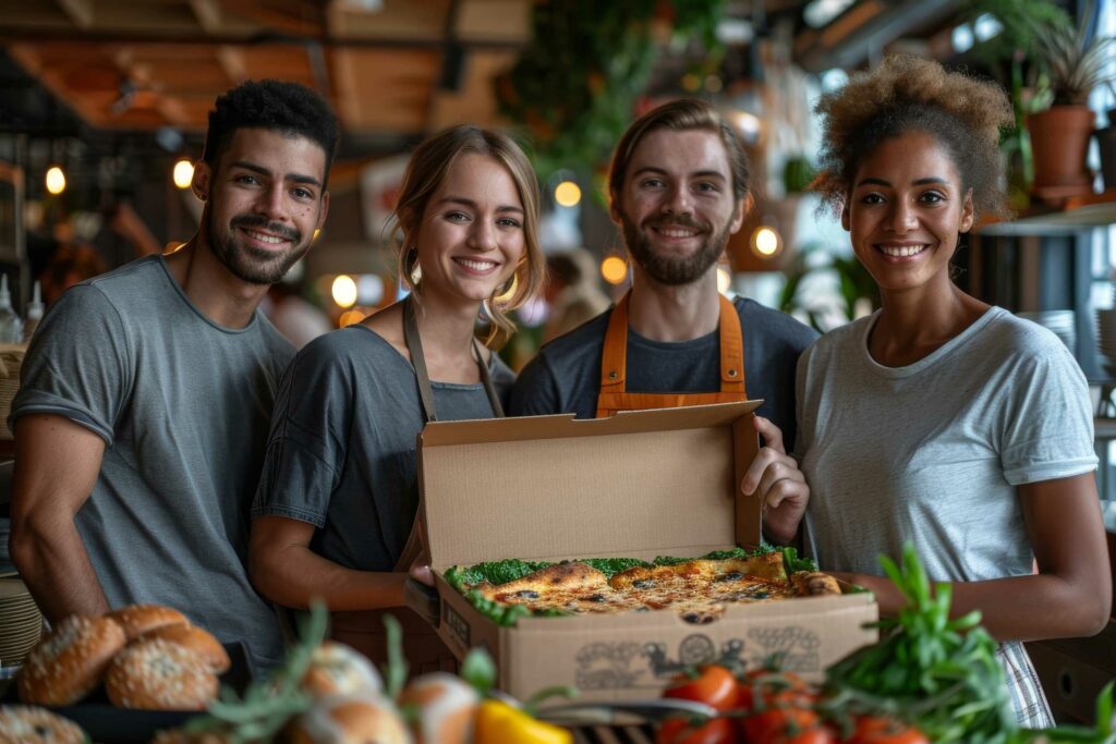 4 employés de street food présentent une pizza dans une boîte en souriant.