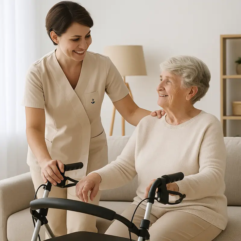 Une femme aide une personne âgée avec son déambulateur avec une tenue ayant un logo brodé.